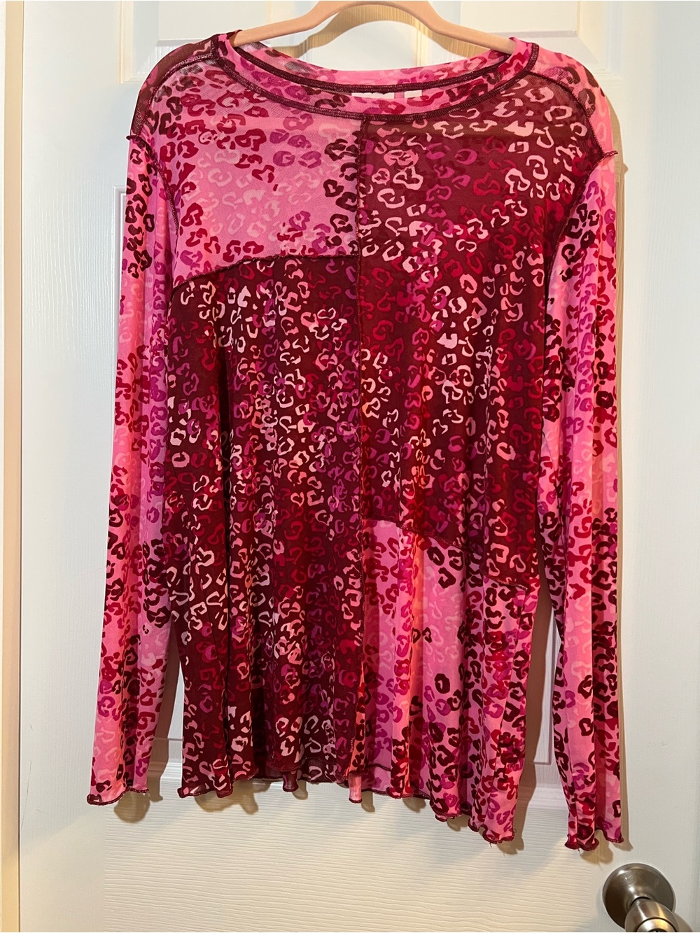 🦋NWOT LOGO Lori Goldstein Pink Leopard Patchwork Long-Sleeve mesh Tunic L - Picture 2 of 5